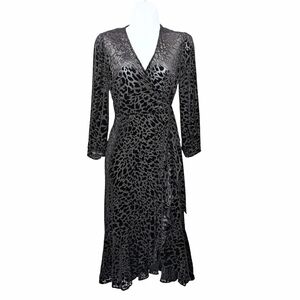 Calvin Klein Black Velvet Animal Print Wrap Dress With Ruffle Flounce Hem